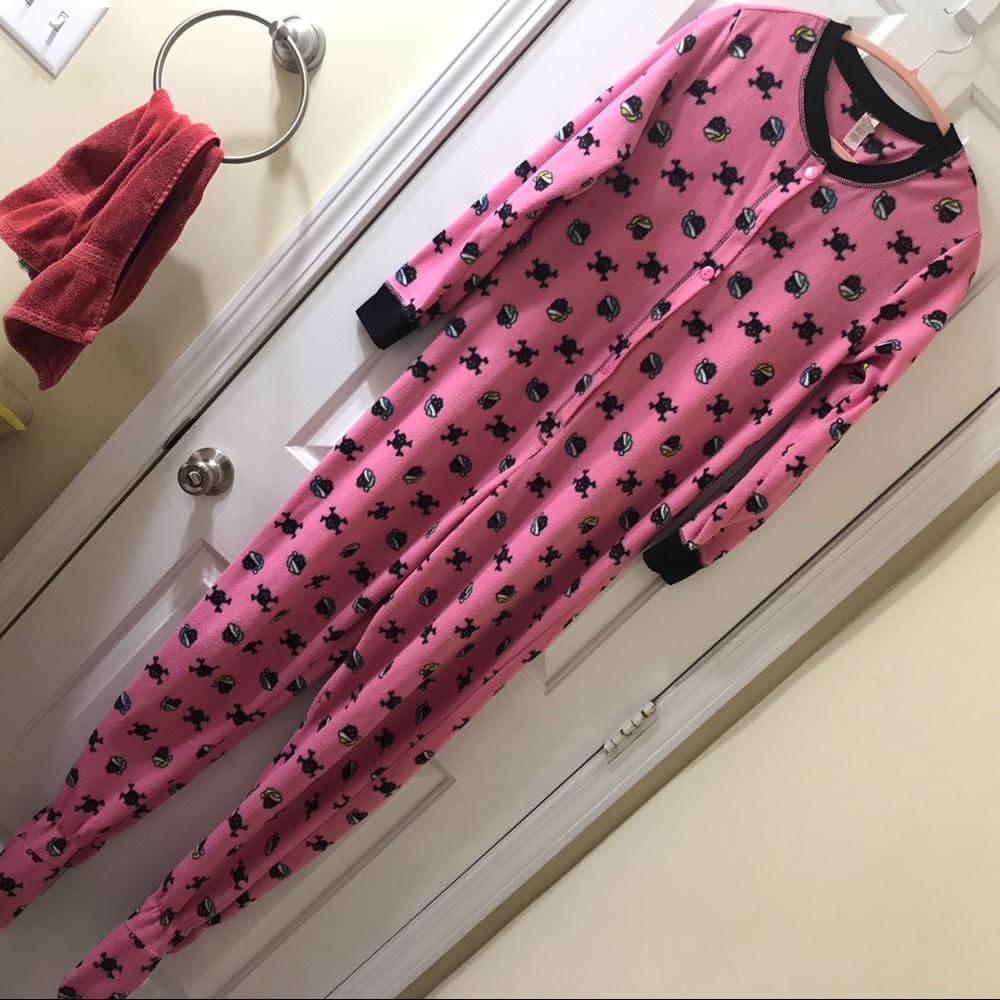 Pink Skull Adult Fleece Footie Pajamas